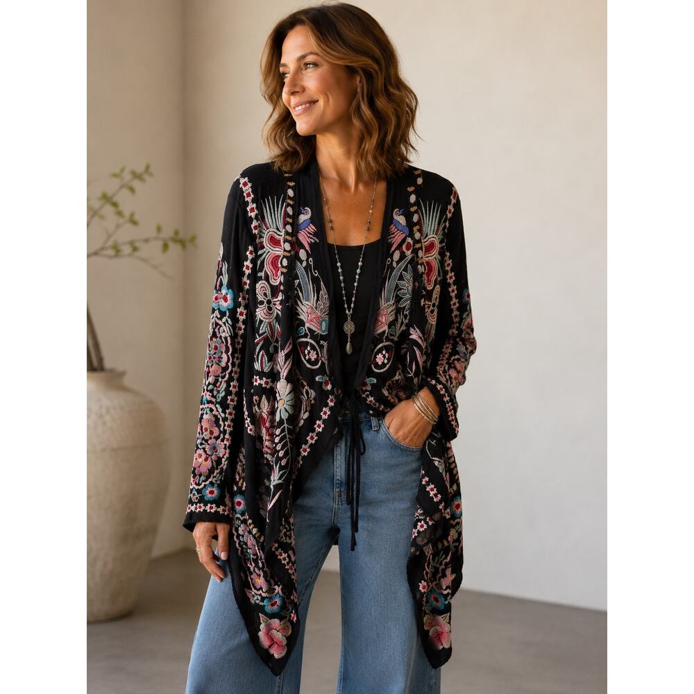 Johnny Was Embroidered Floral Open Front Cardigan Sweater Black Multi Women's XL
